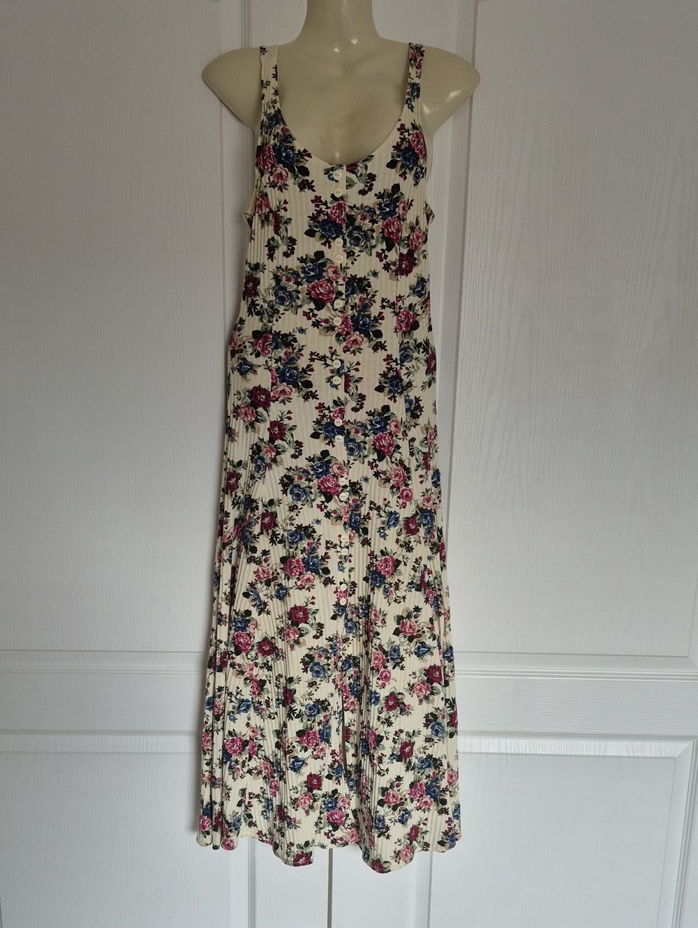 Chablis Floral Cream Maxi Sundress with Pink & Blue Roses